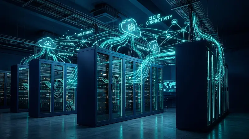 Cloud computing infrastructure with server connectivity and data flow visualization