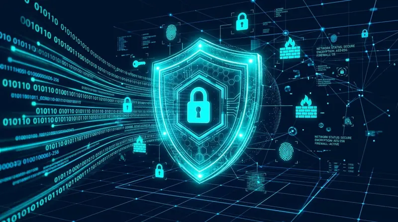 Cybersecurity shield protecting digital data streams and network infrastructure