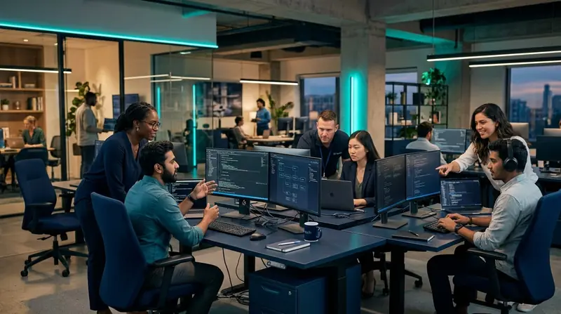 Diverse team of technology professionals collaborating in modern workspace