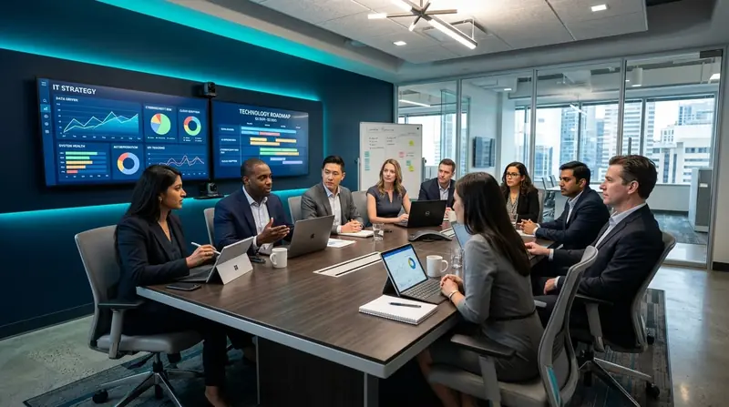 Business professionals discussing IT strategy with data dashboards in modern office